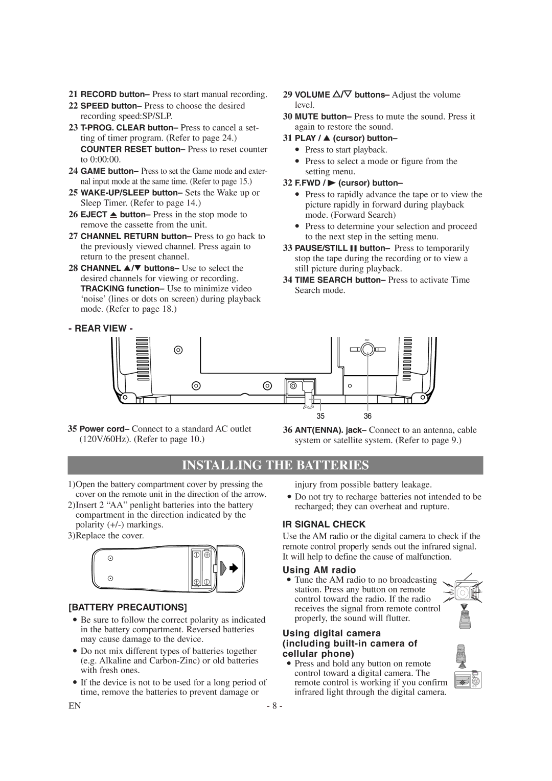 Symphonic SC1304 owner manual Installing the Batteries, Rear View 