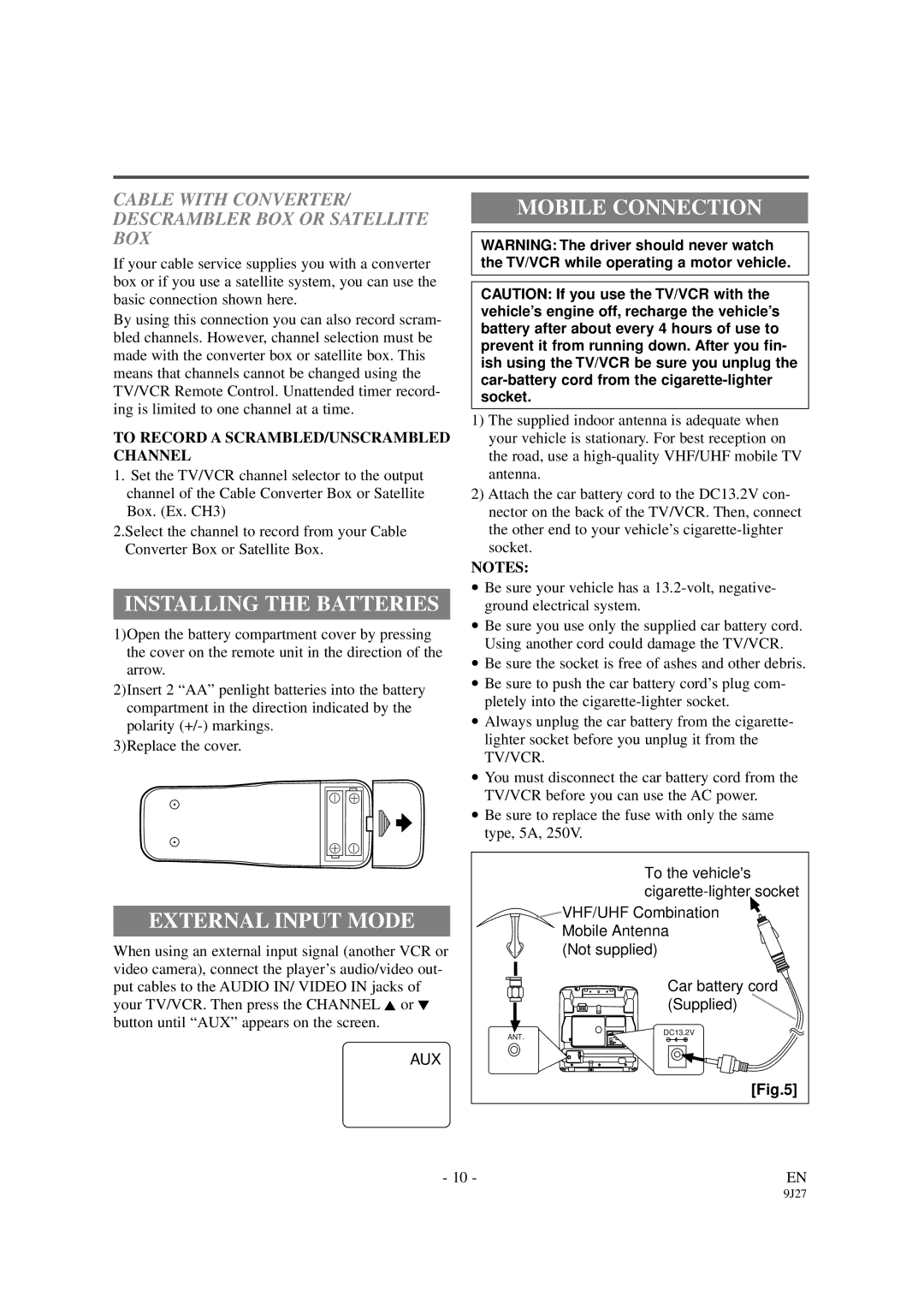 Symphonic SC309B owner manual Installing the Batteries, Mobile Connection, External Input Mode 