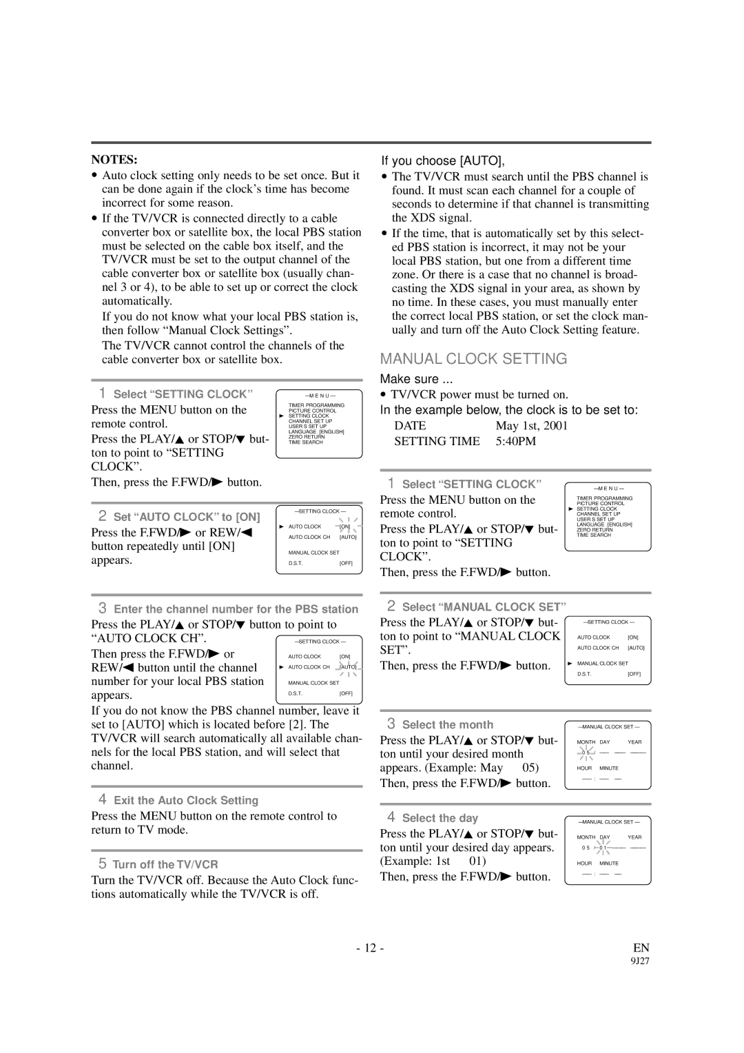 Symphonic SC309B owner manual Manual Clock Setting, If you choose Auto 