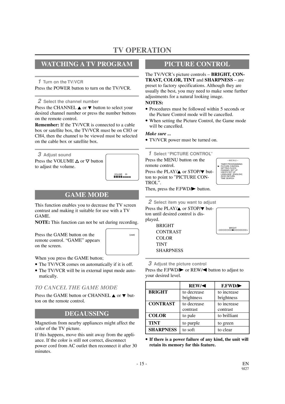 Symphonic SC309B owner manual TV Operation, Watching a TV Program, Picture Control, Game Mode, Degaussing 