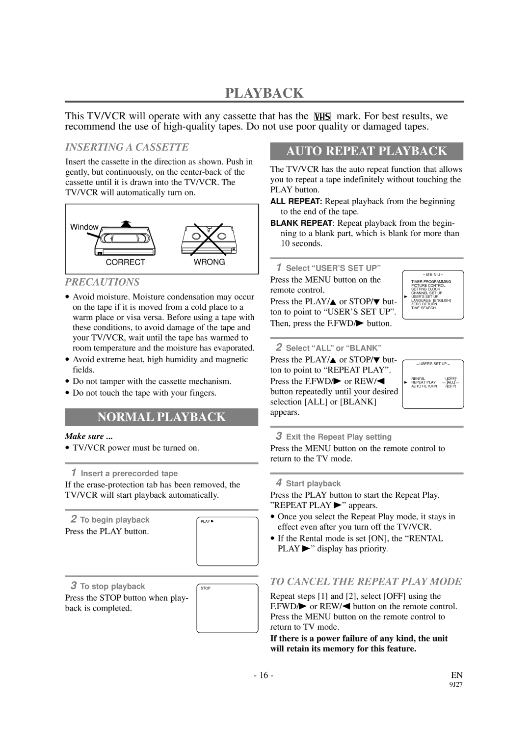 Symphonic SC309B owner manual Auto Repeat Playback, Normal Playback 