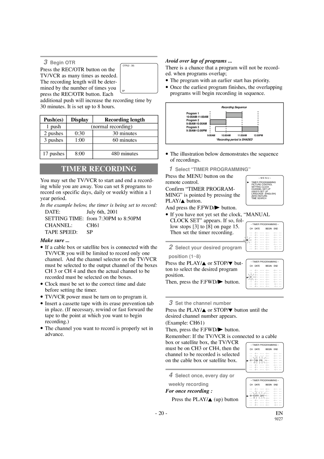 Symphonic SC309B owner manual Timer Recording, Avoid over lap of programs 