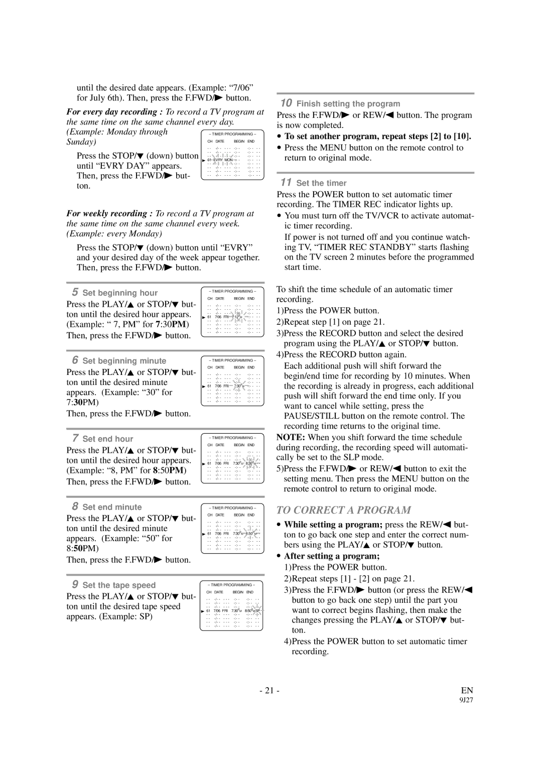 Symphonic SC309B owner manual To Correct a Program, Sunday 