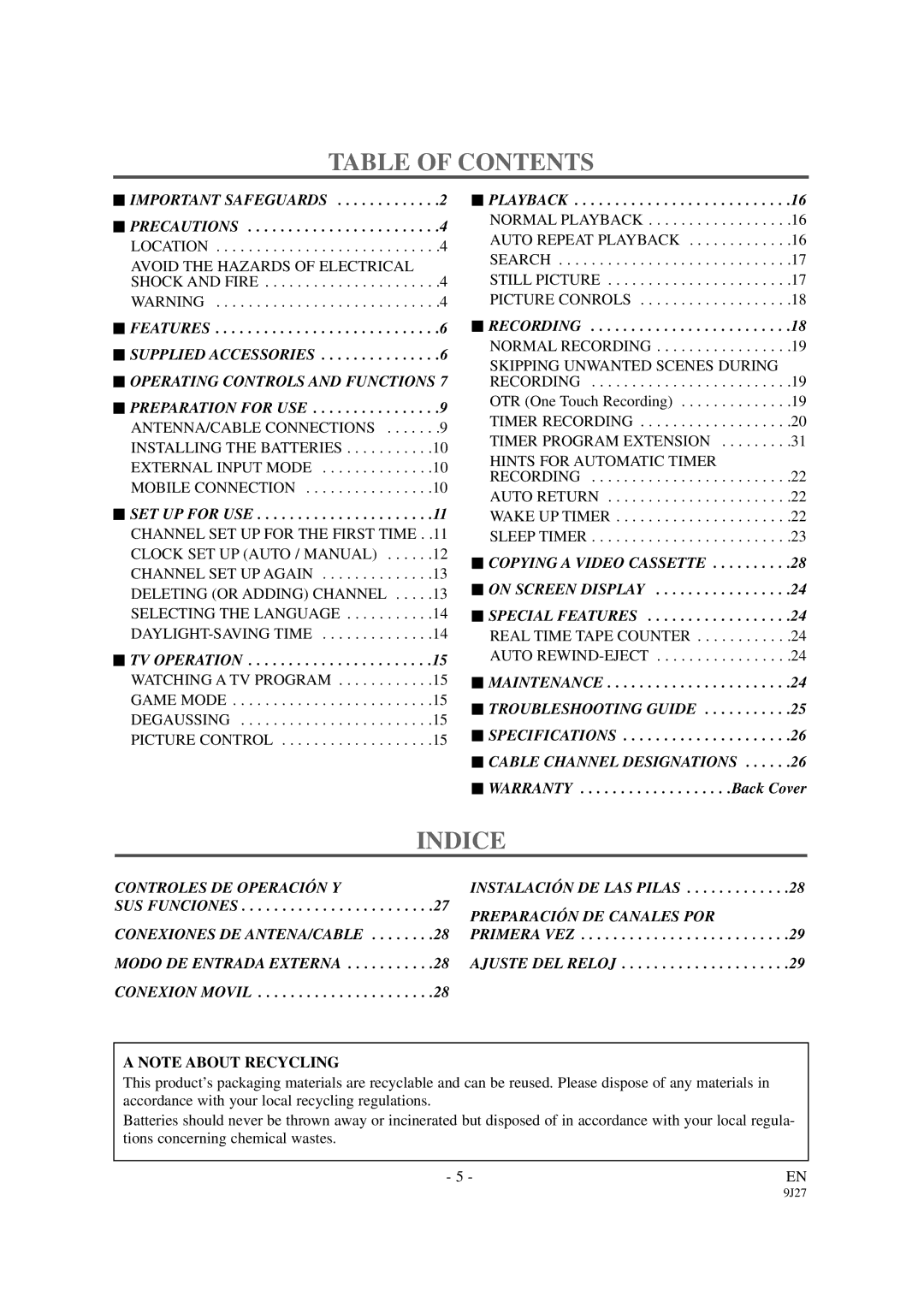 Symphonic SC309B owner manual Table of Contents, Indice 