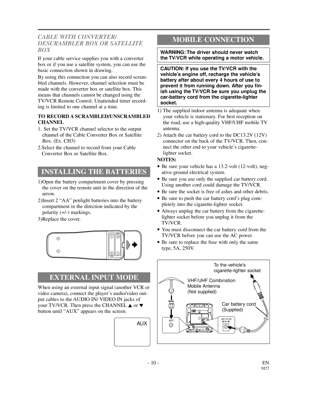 Symphonic SC309C owner manual Installing the Batteries, Mobile Connection, External Input Mode 