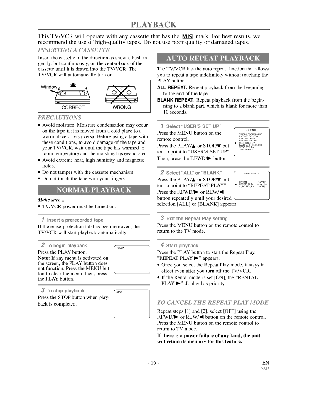 Symphonic SC309C owner manual Auto Repeat Playback, Normal Playback 