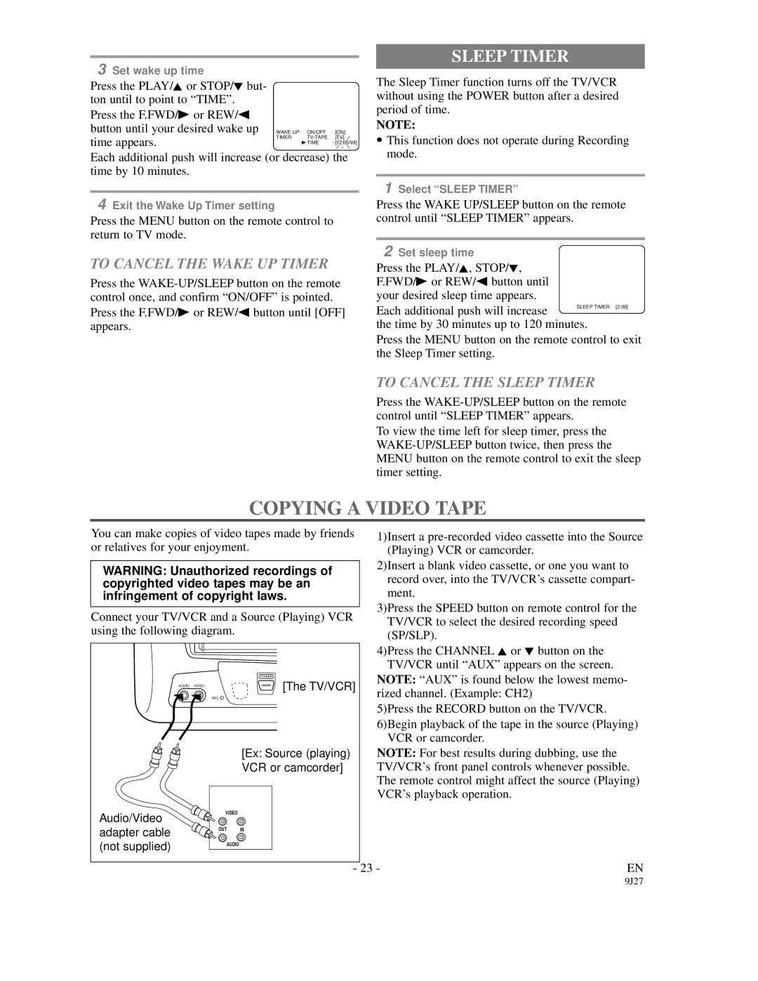 Symphonic SC309C owner manual Copying a Video Tape, To Cancel the Wake UP Timer, To Cancel the Sleep Timer 