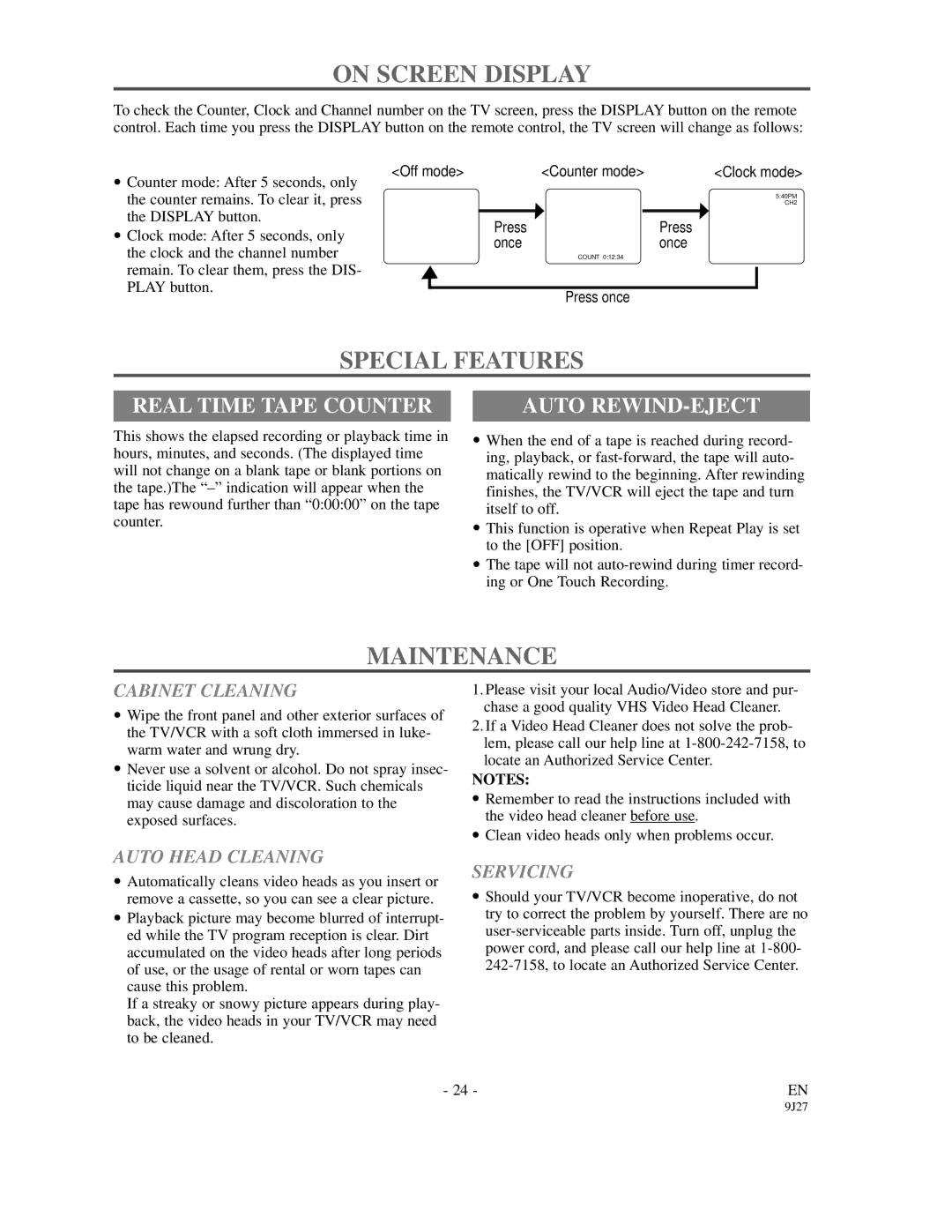 Symphonic SC309C owner manual On Screen Display, Special Features, Maintenance, Real Time Tape Counter, Auto REWIND-EJECT 