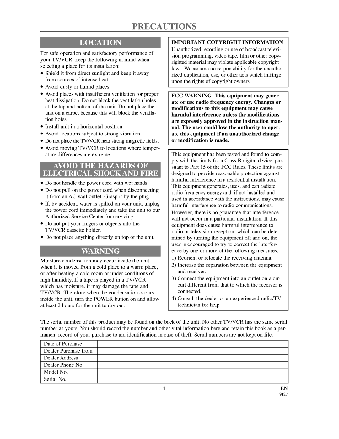 Symphonic SC309C Precautions, Location, Avoid the Hazards Electrical Shock and Fire, Important Copyright Information 