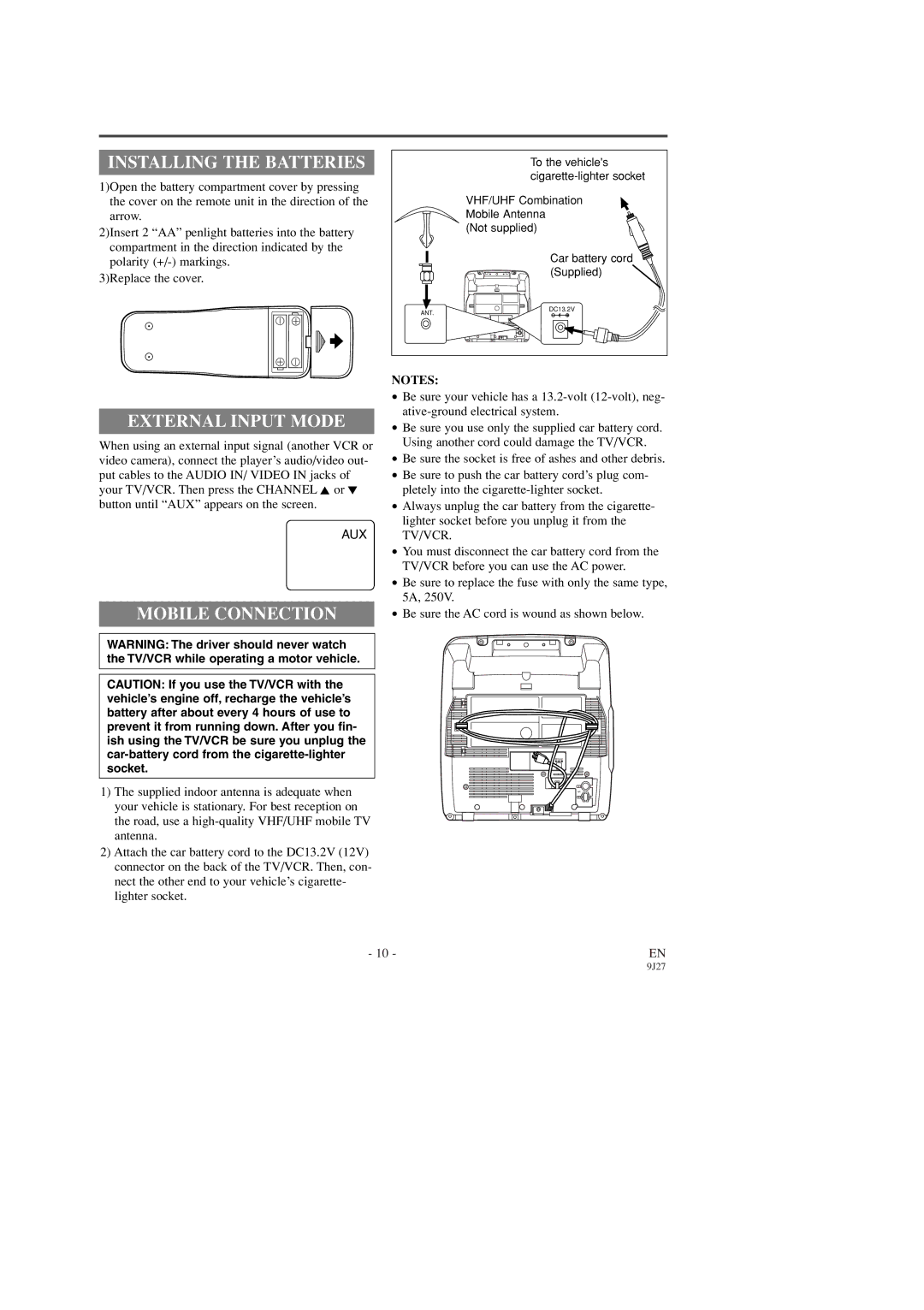 Symphonic SC309D owner manual Installing the Batteries, External Input Mode, Mobile Connection 