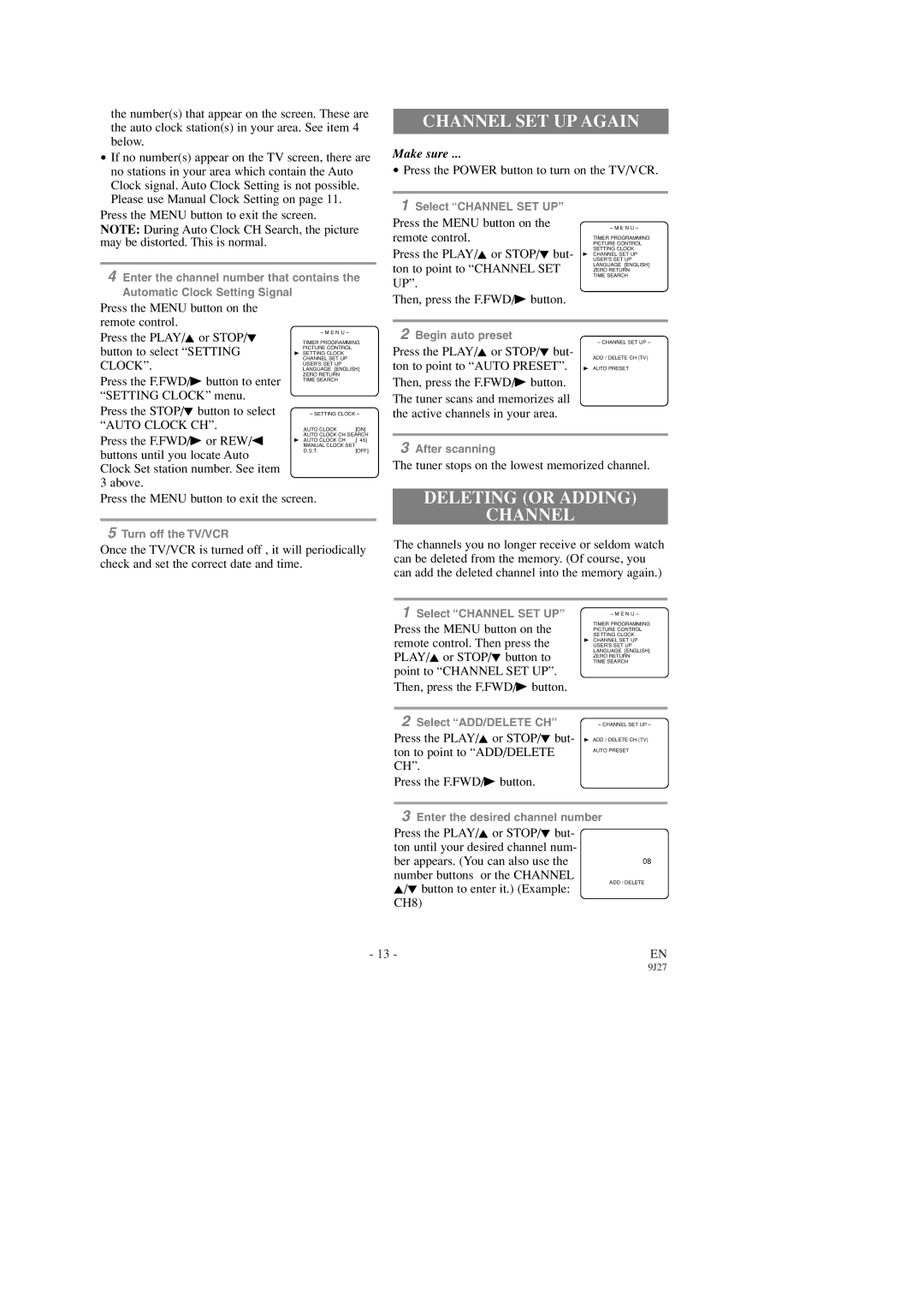 Symphonic SC309D owner manual Channel SET UP Again, Deleting or Adding Channel, Auto Clock CH 