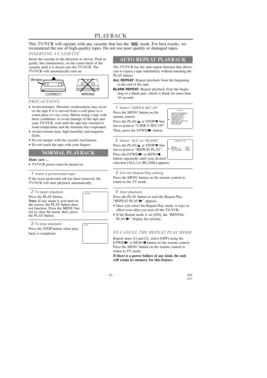 Symphonic SC309D owner manual Auto Repeat Playback, Normal Playback 