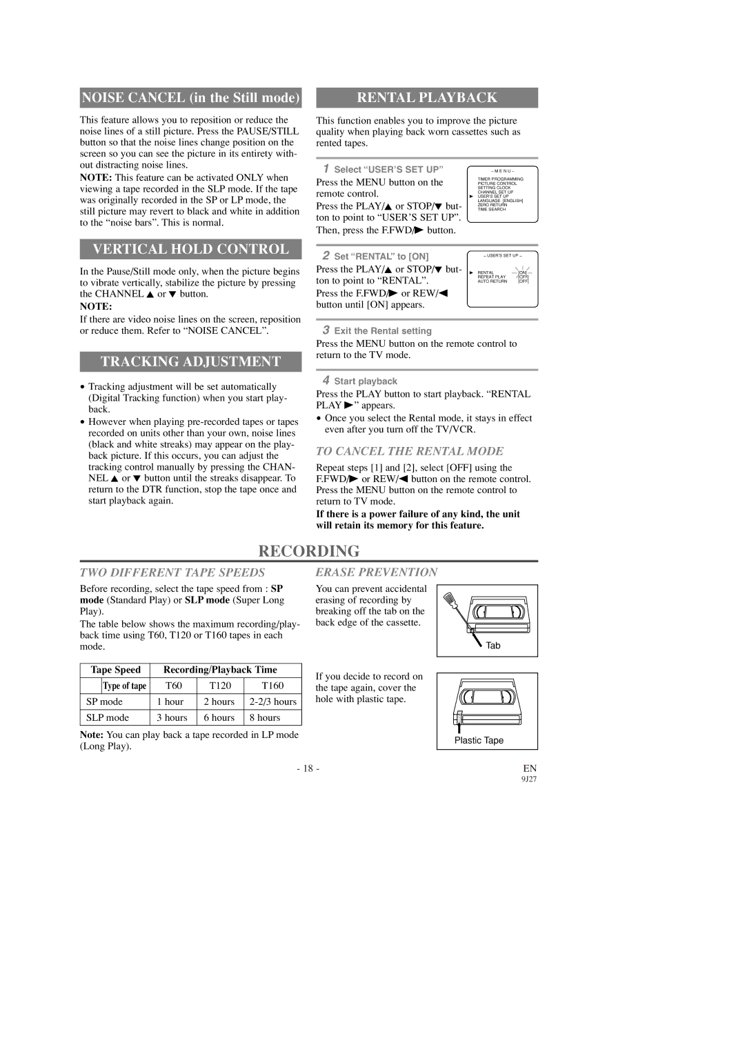 Symphonic SC309D owner manual Recording, Rental Playback, Vertical Hold Control, Tracking Adjustment 