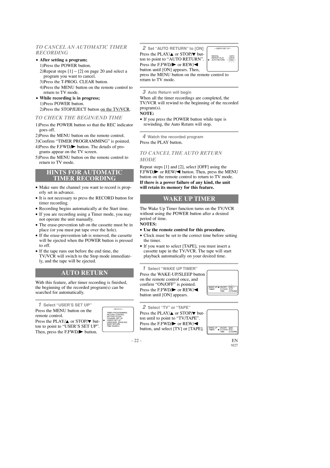 Symphonic SC309D owner manual Hints for Automatic Timer Recording, Wake UP Timer, Auto Return 