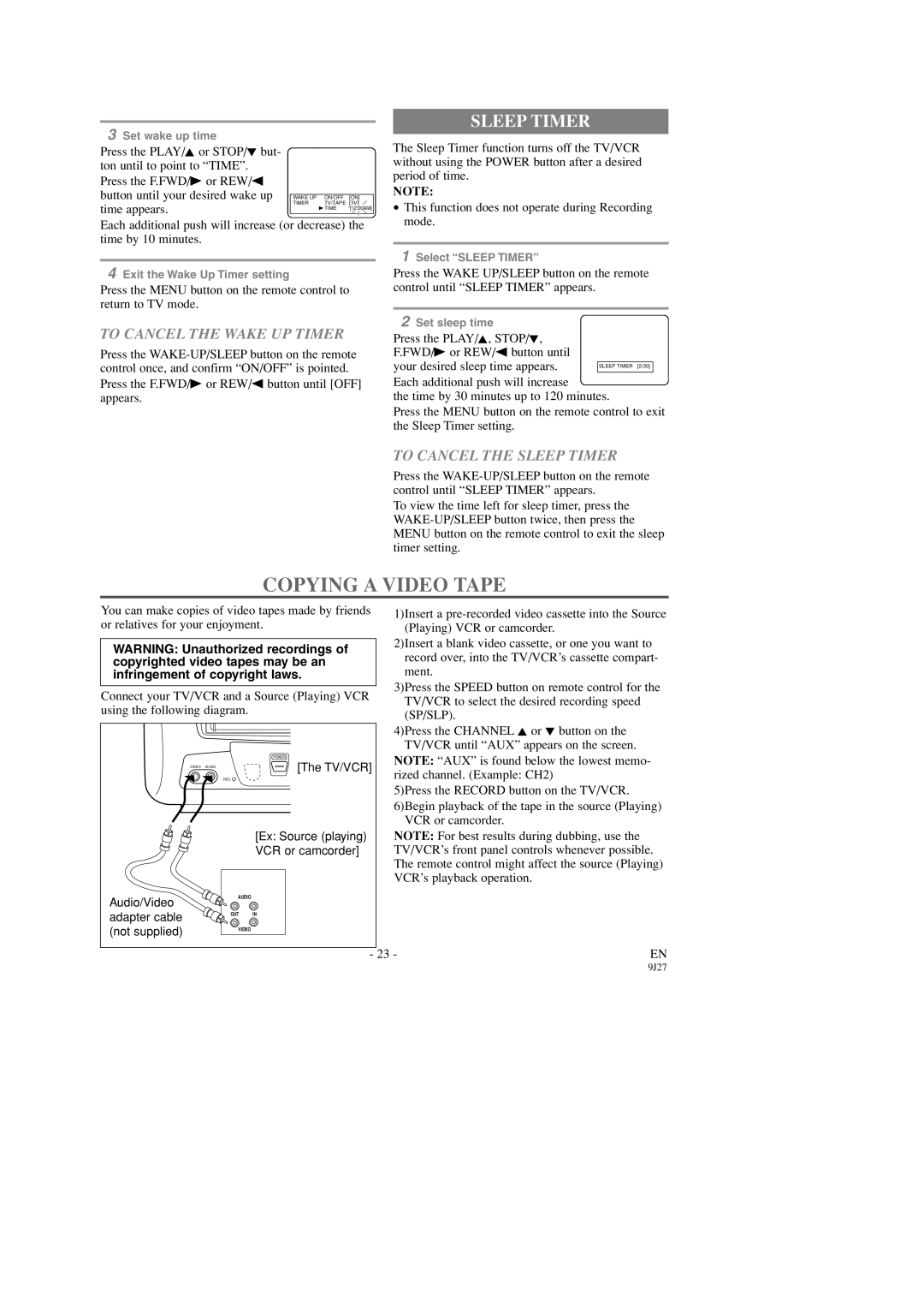 Symphonic SC309D owner manual Copying a Video Tape, To Cancel the Wake UP Timer, To Cancel the Sleep Timer 