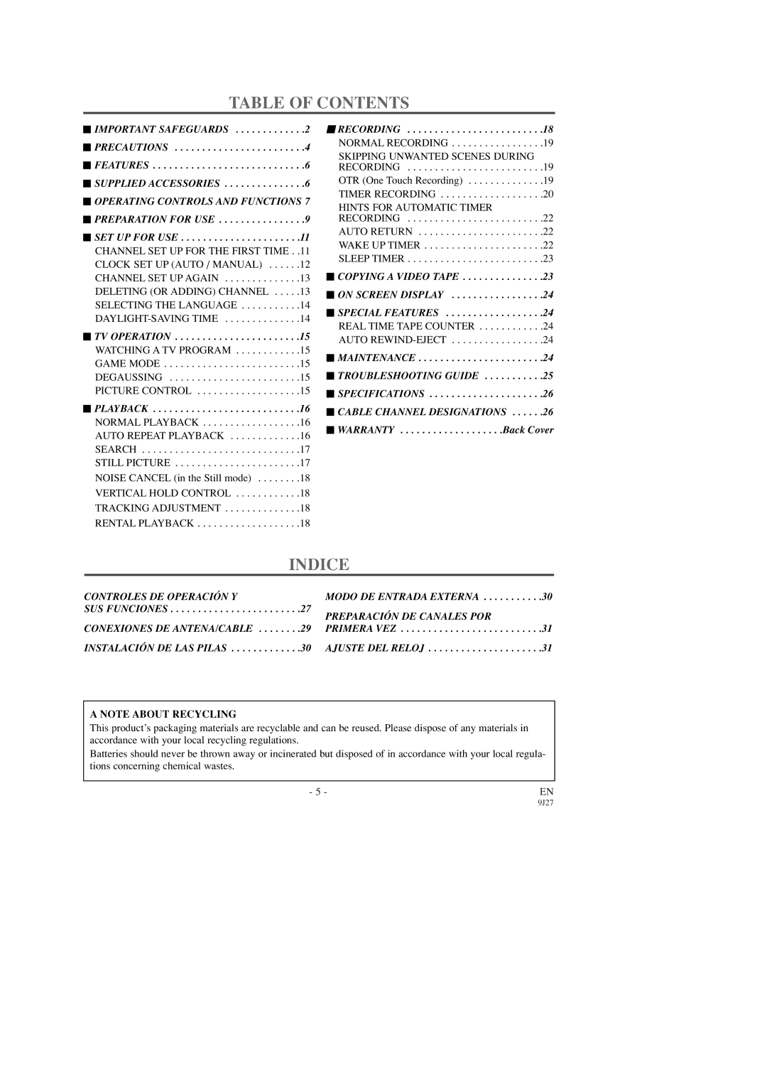 Symphonic SC309D owner manual Table of Contents, Indice 