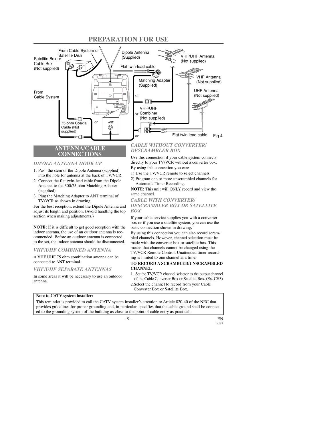 Symphonic SC309D owner manual Preparation for USE, ANTENNA/CABLE Connections 