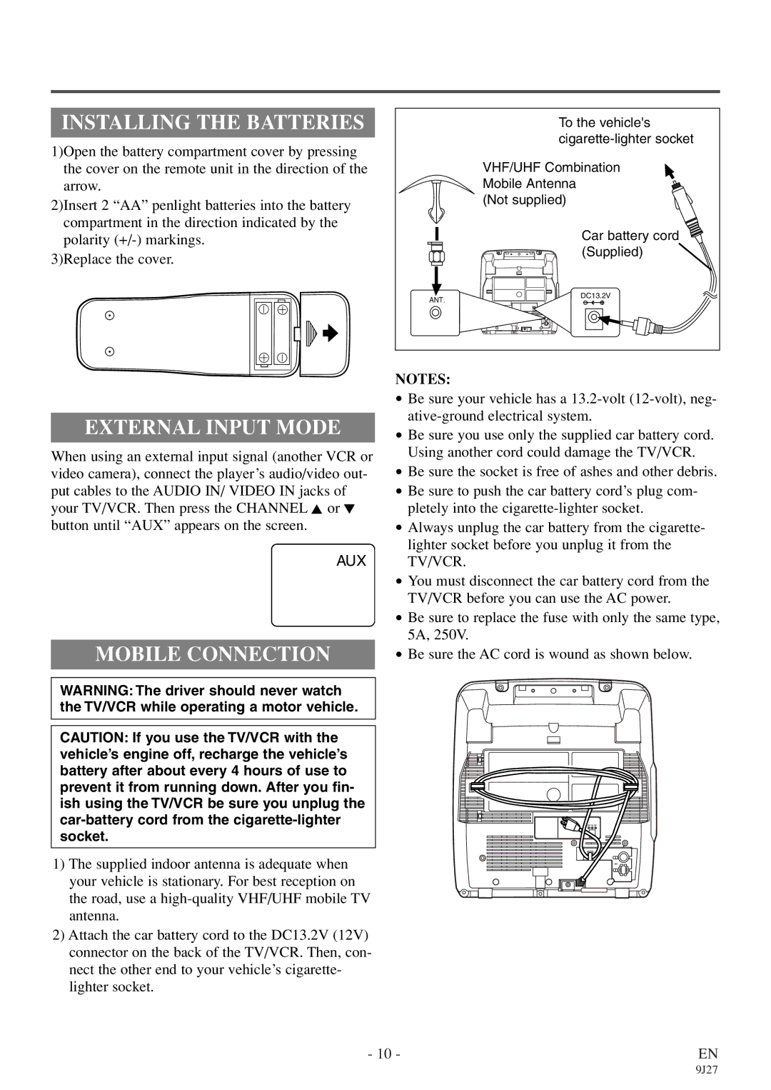 Symphonic SC309E owner manual Installing the Batteries, External Input Mode, Mobile Connection 