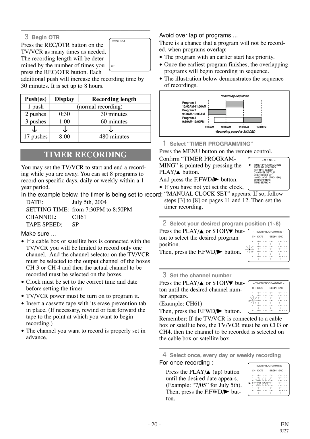 Symphonic SC309E owner manual Timer Recording, Pushes Display Recording length, Channel CH61 Tape Speed SP 