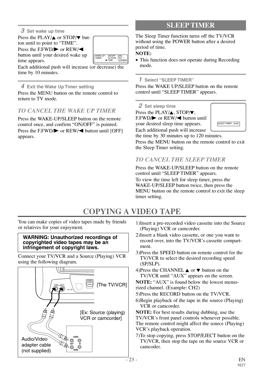 Symphonic SC309E owner manual Copying a Video Tape, To Cancel the Wake UP Timer, To Cancel the Sleep Timer 