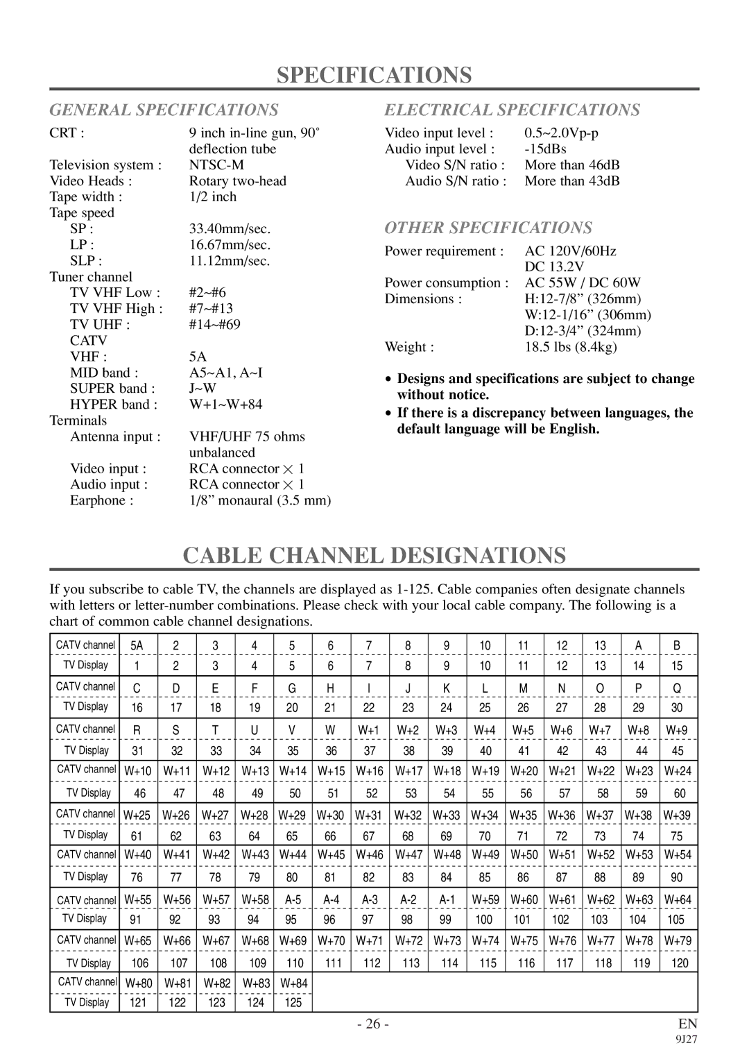 Symphonic SC309E Cable Channel Designations, General Specifications, Electrical Specifications, Other Specifications 