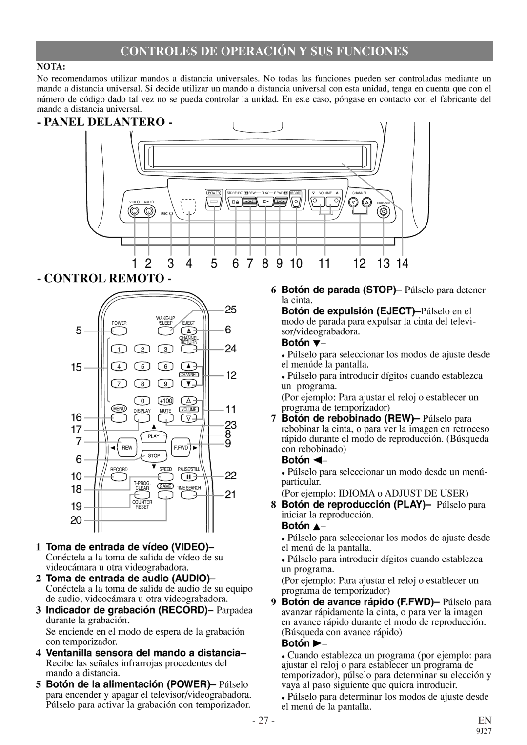 Symphonic SC309E owner manual Controles DE Operación Y SUS Funciones 