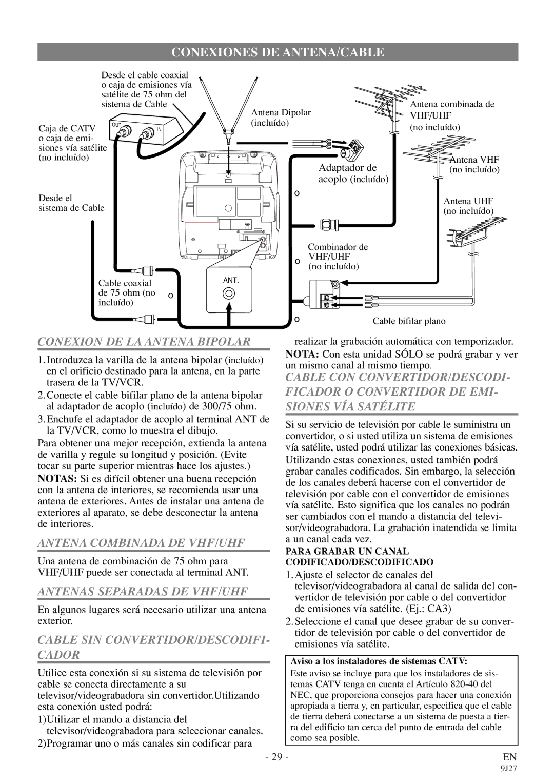 Symphonic SC309E owner manual Conexiones DE ANTENA/CABLE 