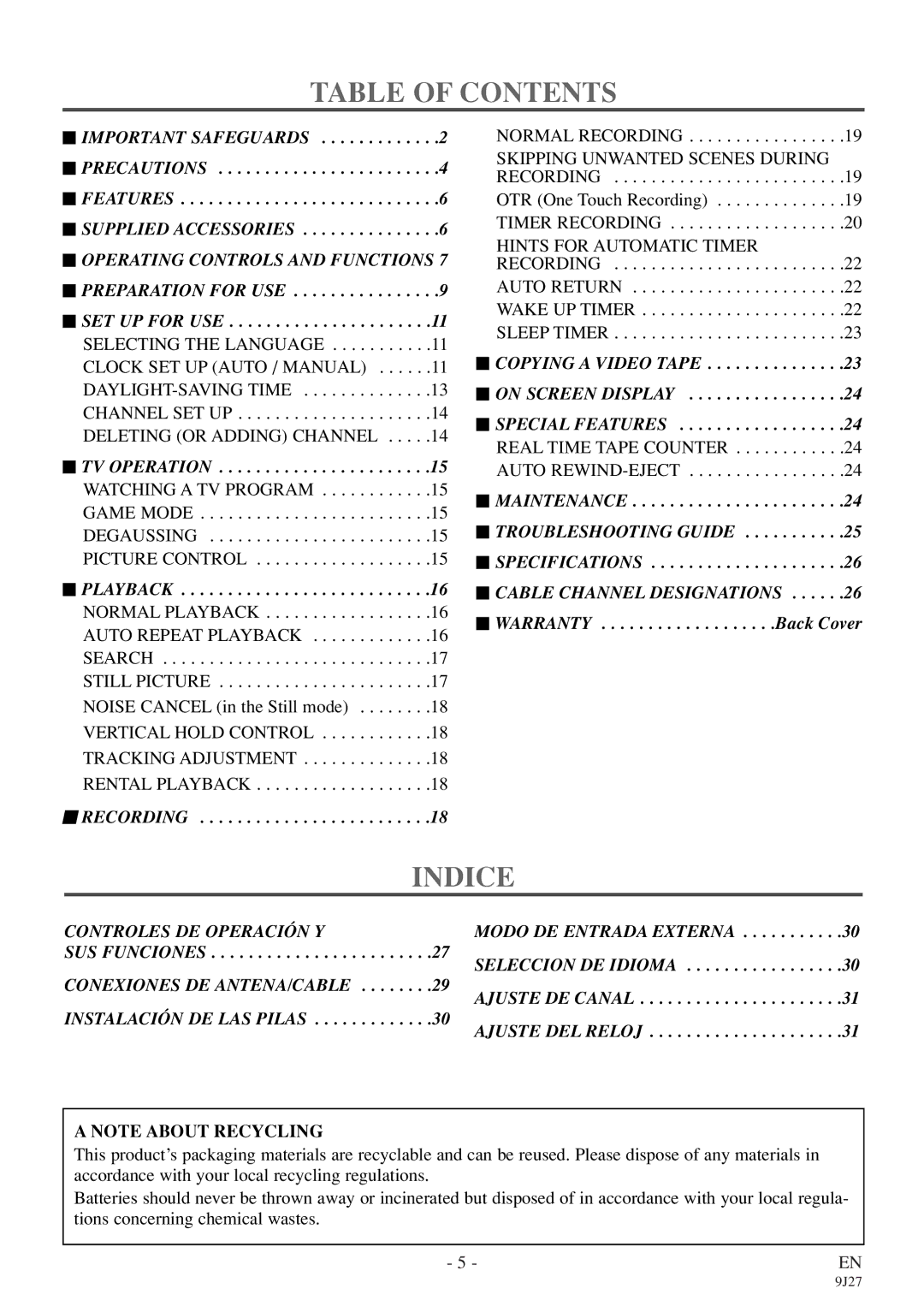 Symphonic SC309E owner manual Table of Contents, Indice 