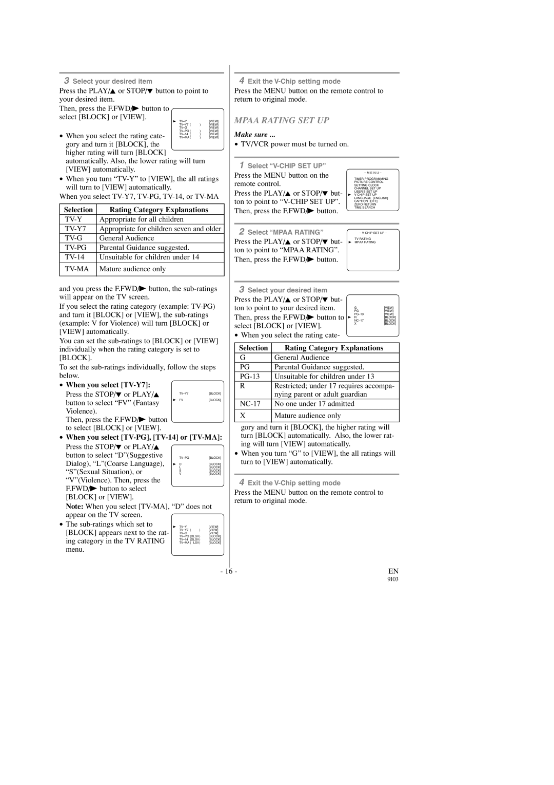 Symphonic SC313C, SC319C Mpaa Rating SET UP, Selection Rating Category Explanations, Tv-Y, Appropriate for all children 