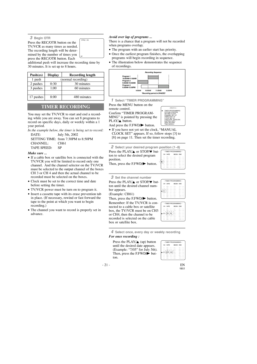 Symphonic SC313C, SC319C owner manual Timer Recording, Pushes Display Recording length, Channel CH61 Tape Speed SP 