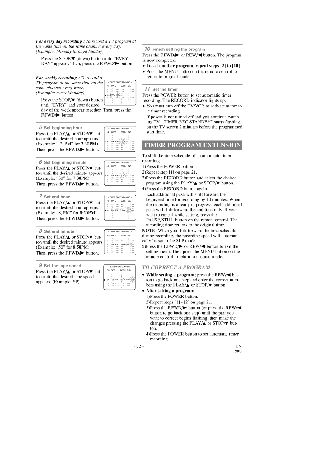 Symphonic SC313C, SC319C Timer Program Extension, To Correct a Program, To set another program, repeat steps 2 to 