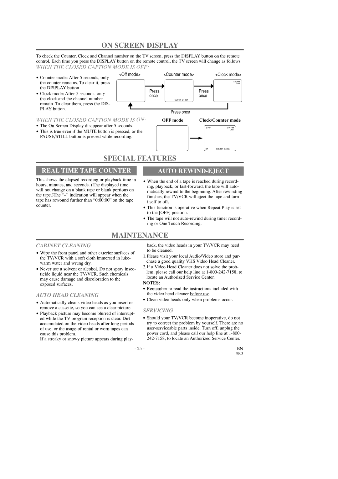 Symphonic SC313C owner manual On Screen Display, Special Features, Maintenance, Real Time Tape Counter, Auto REWIND-EJECT 