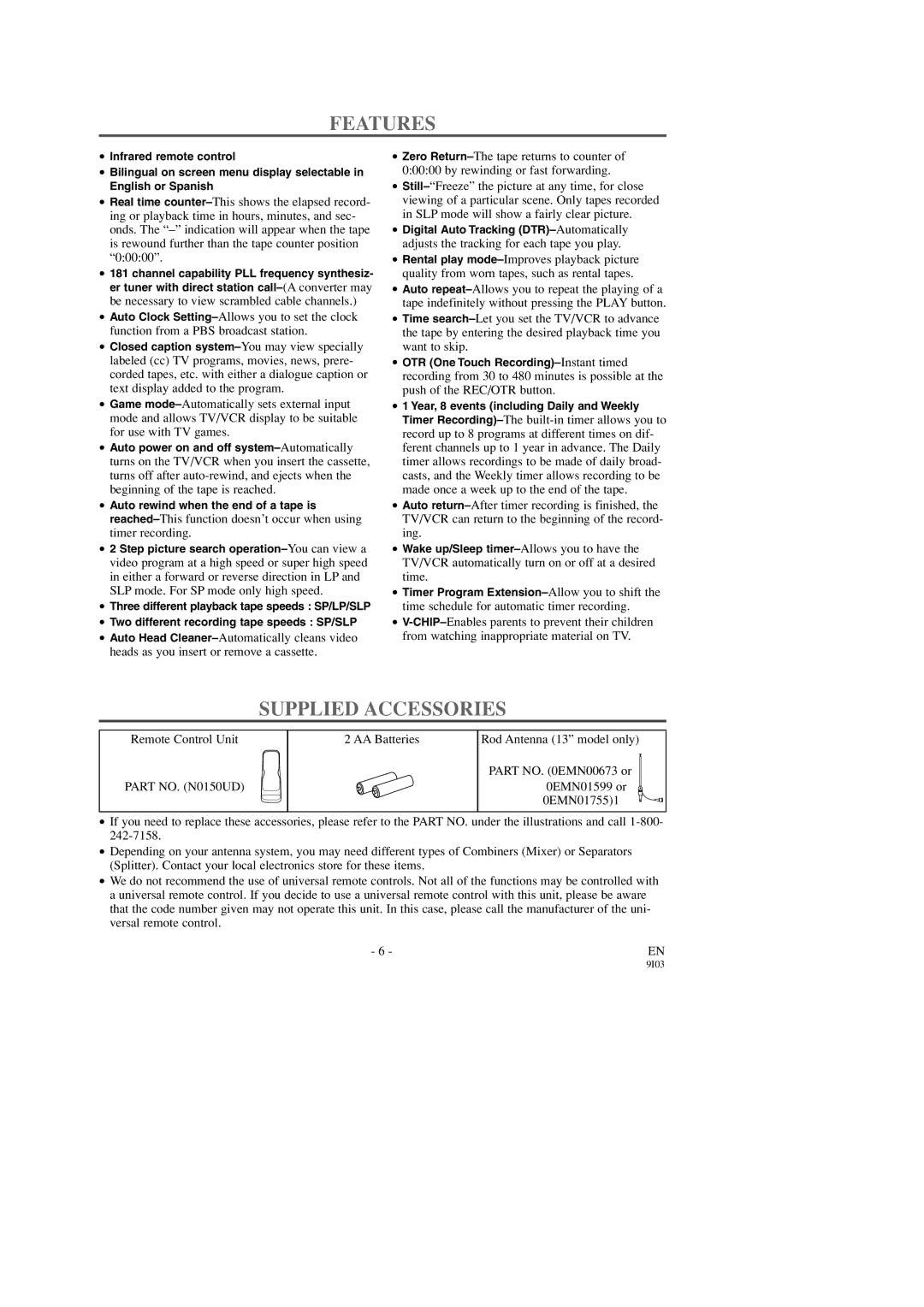 Symphonic SC313C, SC319C owner manual Features, Supplied Accessories 