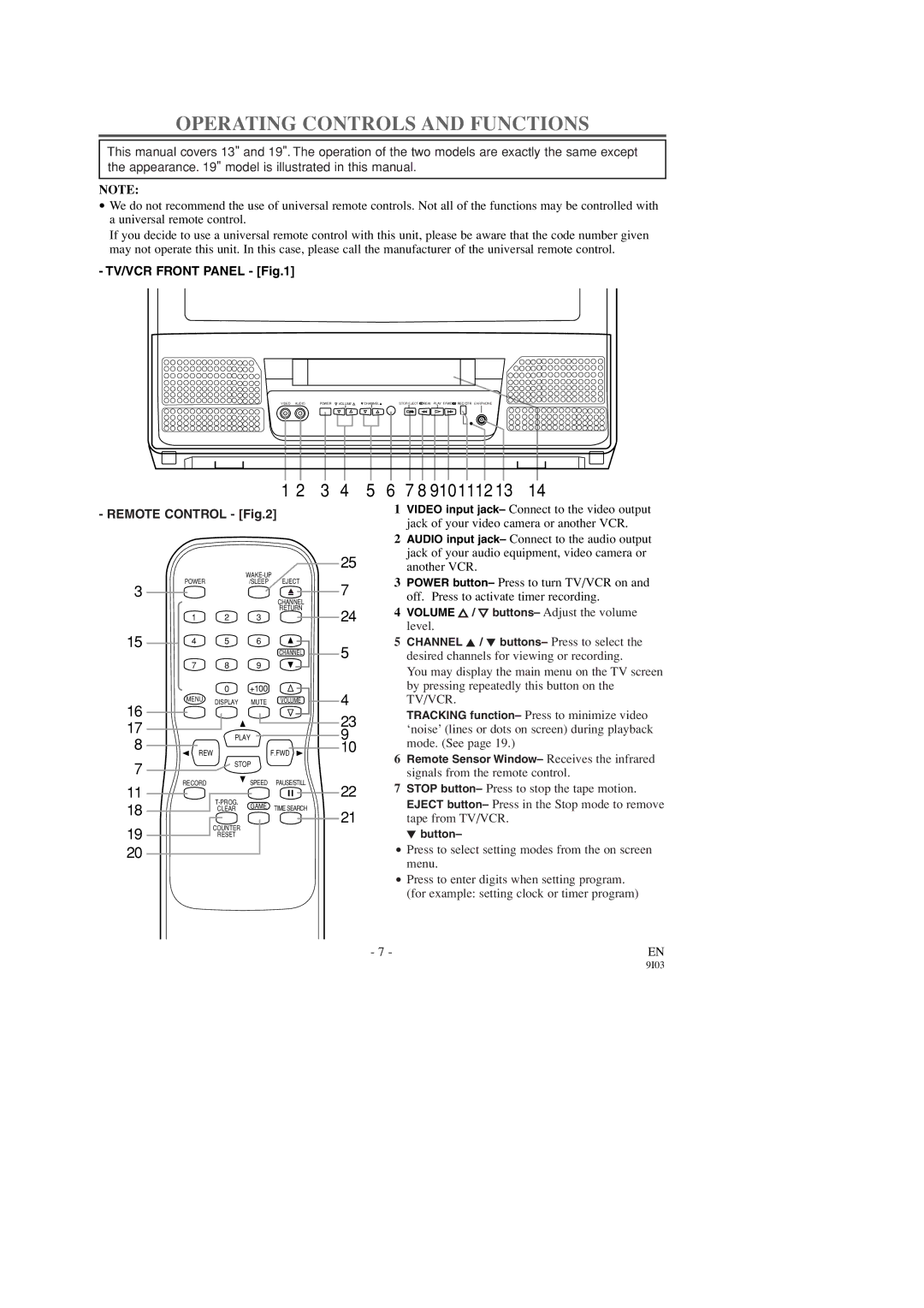 Symphonic SC313C, SC319C owner manual Operating Controls and Functions, 9101112 