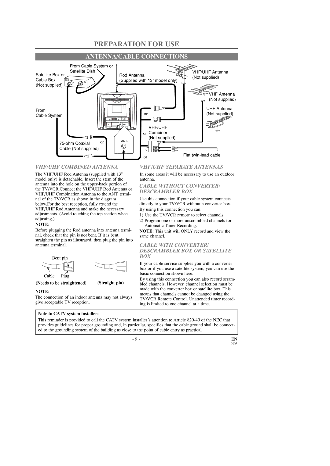 Symphonic SC313C, SC319C owner manual Preparation for USE, ANTENNA/CABLE Connections 