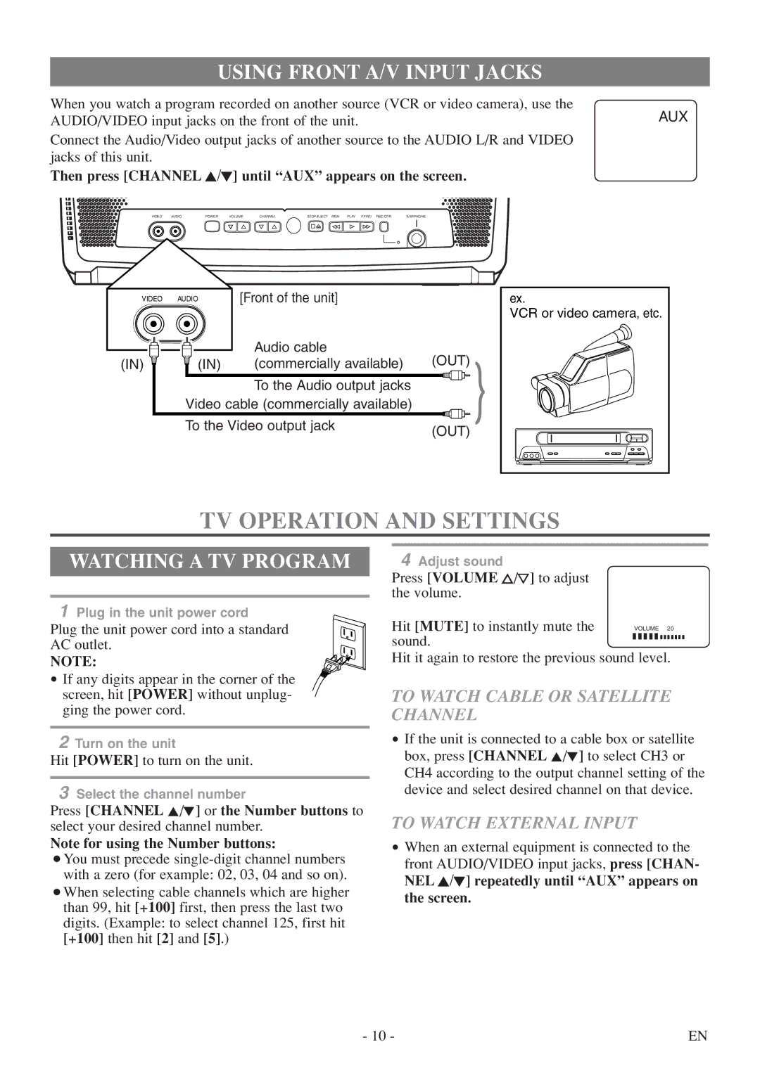 Symphonic SC313E TV Operation and Settings, Using Front A/V Input Jacks, Watching a TV Program, To Watch External Input 