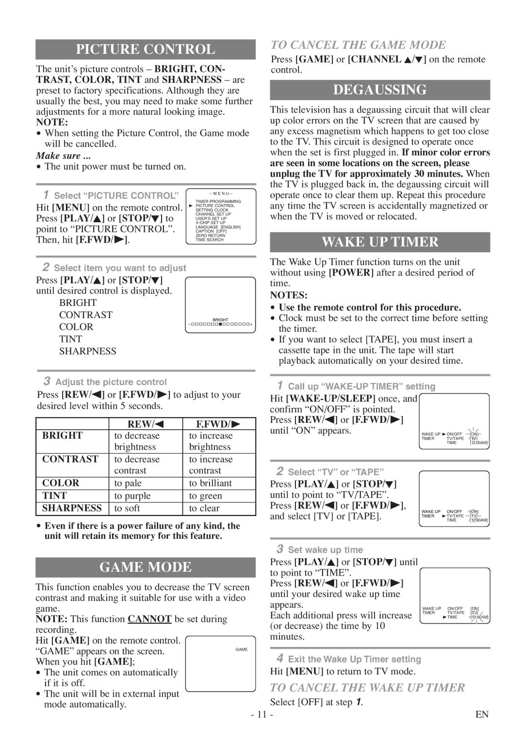 Symphonic SC313E owner manual Picture Control, Degaussing, Wake UP Timer, Game Mode 