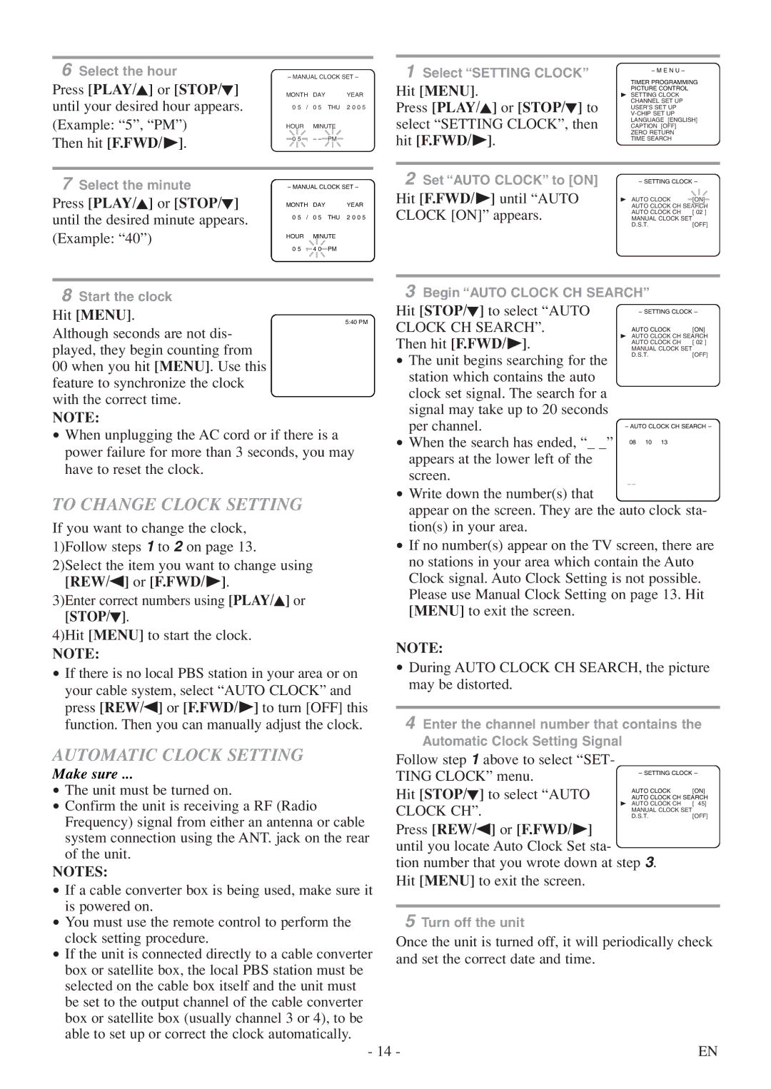 Symphonic SC313E owner manual To Change Clock Setting, Automatic Clock Setting, Clock CH Search 