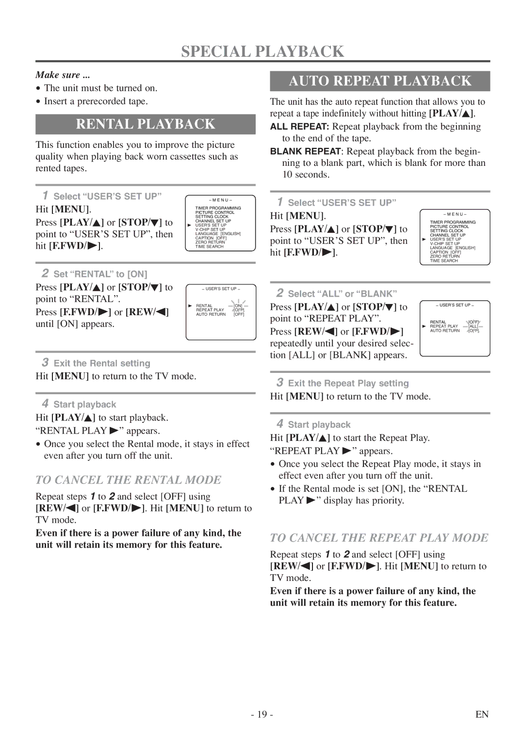 Symphonic SC313E owner manual Special Playback, Rental Playback, Auto Repeat Playback, To Cancel the Rental Mode 