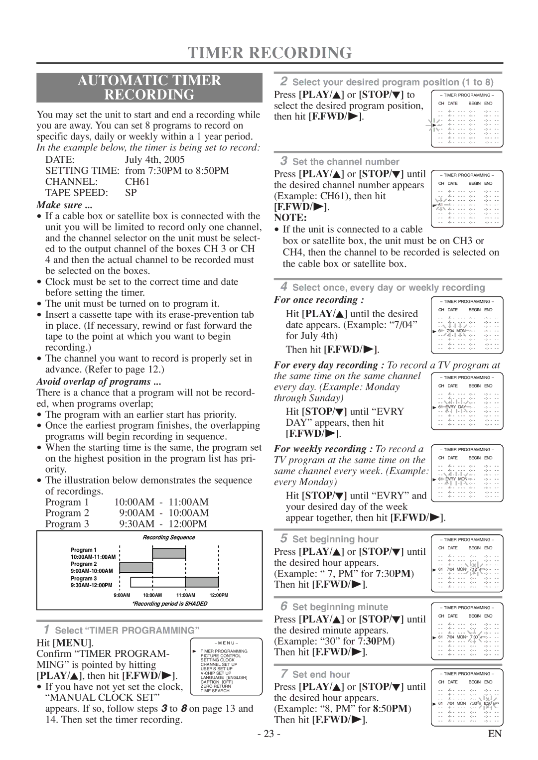 Symphonic SC313E owner manual Automatic Timer Recording, PLAY/K, then hit F.FWD/ B 