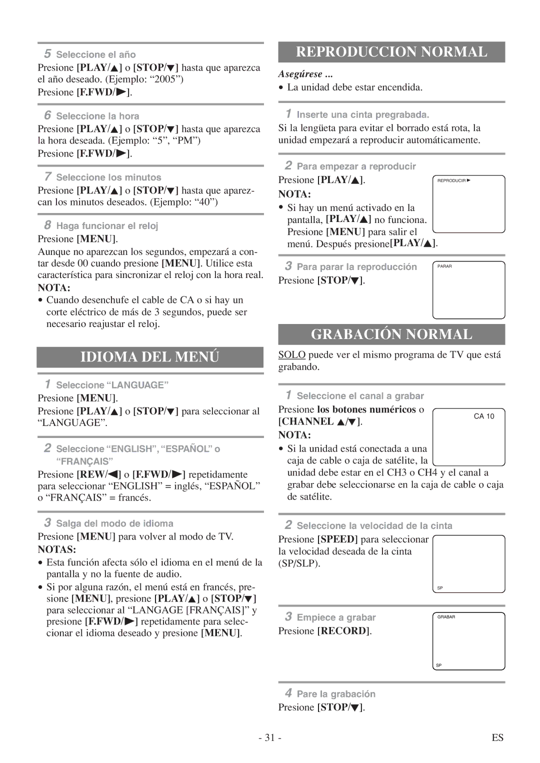 Symphonic SC313E owner manual Idioma DEL Menú, Reproduccion Normal, Grabación Normal, Channel K/L Nota, Notas 