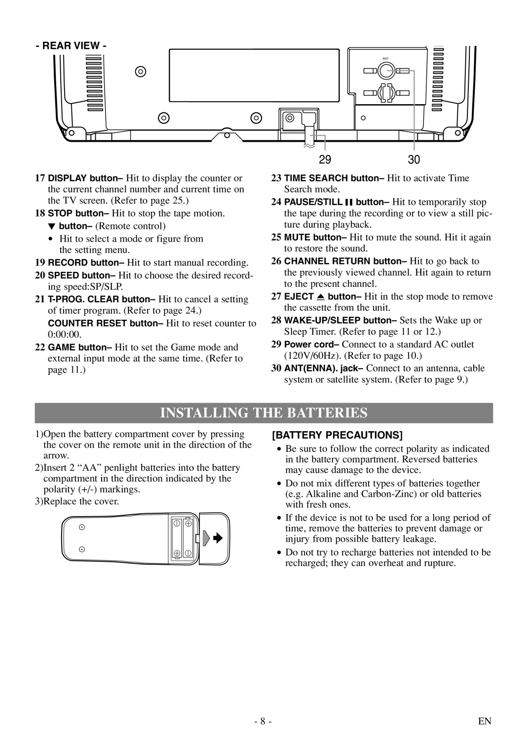 Symphonic SC313E owner manual Installing the Batteries, Rear View 