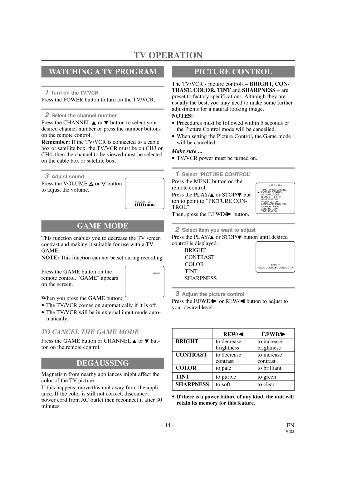 Symphonic SC319B, SC313B owner manual TV Operation, Watching a TV Program, Picture Control, Game Mode, Degaussing 