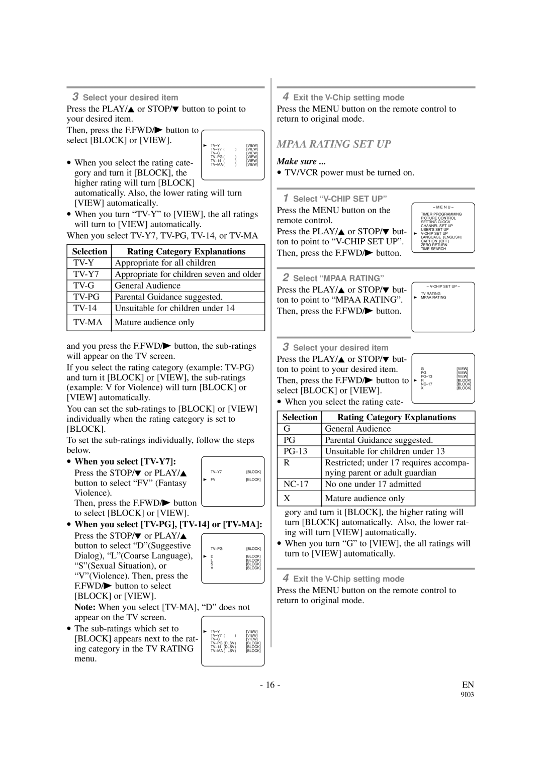 Symphonic SC319B, SC313B Mpaa Rating SET UP, Selection Rating Category Explanations, Tv-Y, Appropriate for all children 