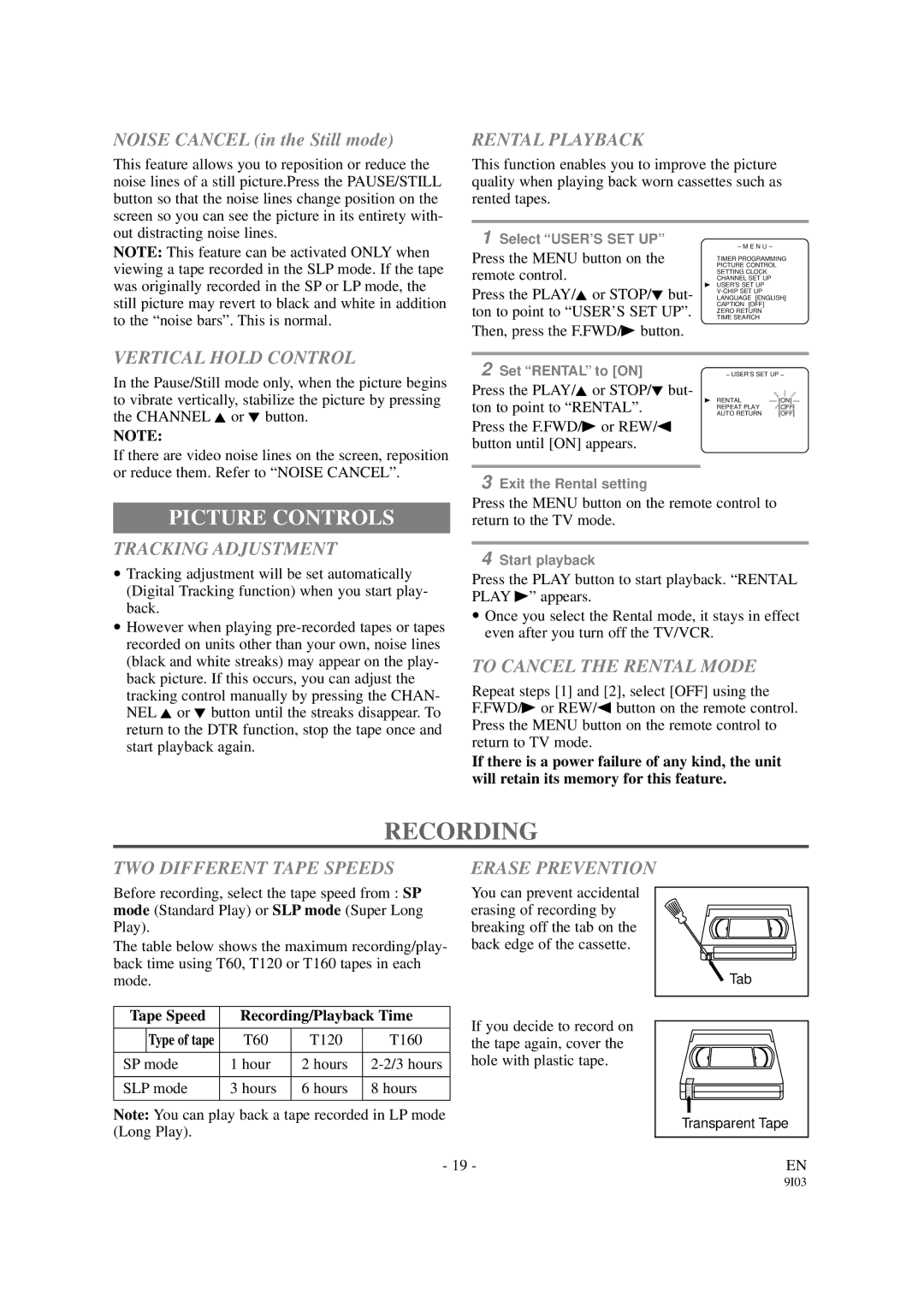 Symphonic SC313B, SC319B owner manual Recording, Picture Controls 