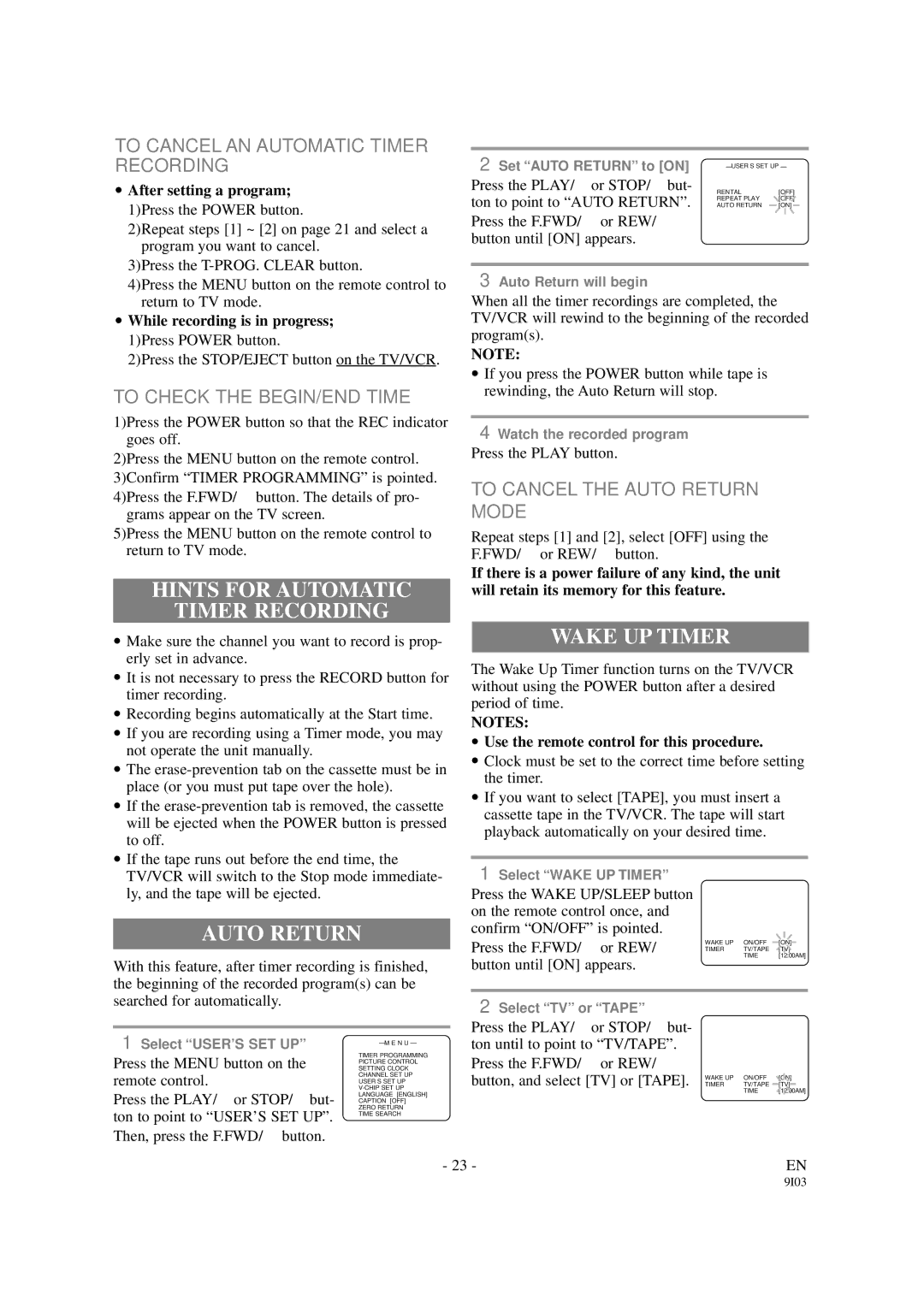 Symphonic SC313B, SC319B owner manual Hints for Automatic Timer Recording, Wake UP Timer, Auto Return 