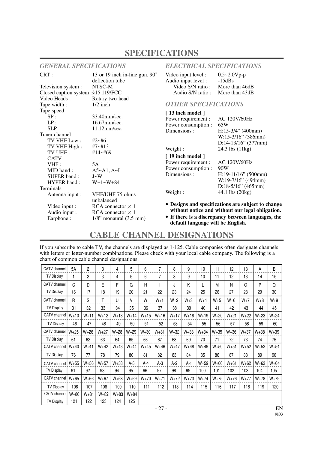 Symphonic SC313B Cable Channel Designations, General Specifications, Electrical Specifications, Other Specifications 