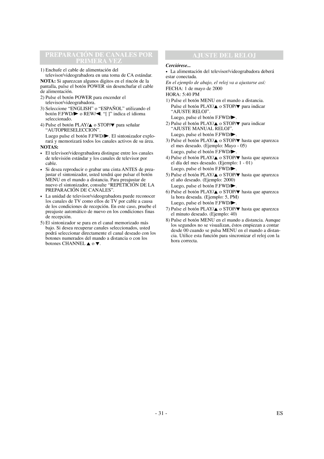 Symphonic SC313B, SC319B owner manual Preparación DE Canales POR Primera VEZ 