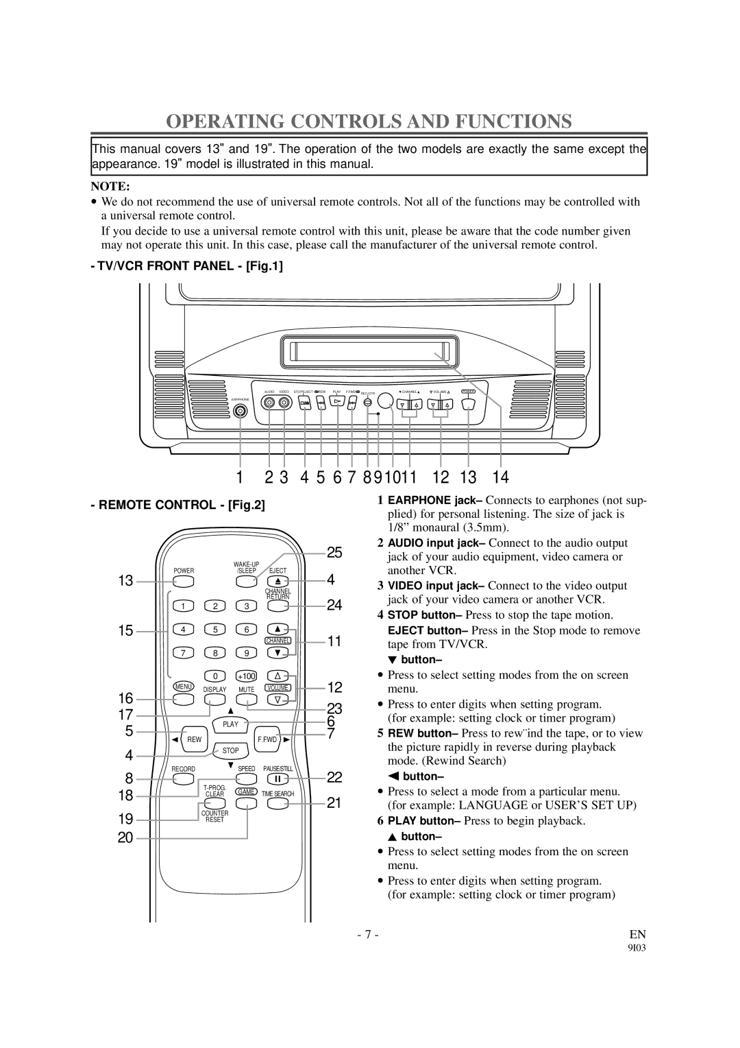 Symphonic SC313B, SC319B owner manual Operating Controls and Functions, Video input jack- Connect to the video output 