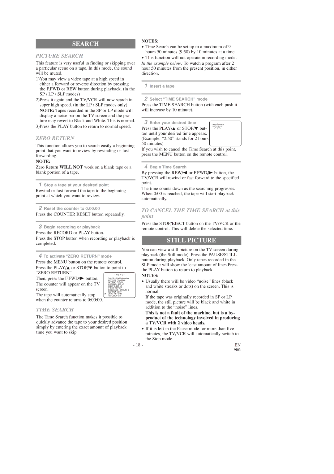 Symphonic SC319D, SC313D owner manual Still Picture, Picture Search, Zero Return, Time Search 